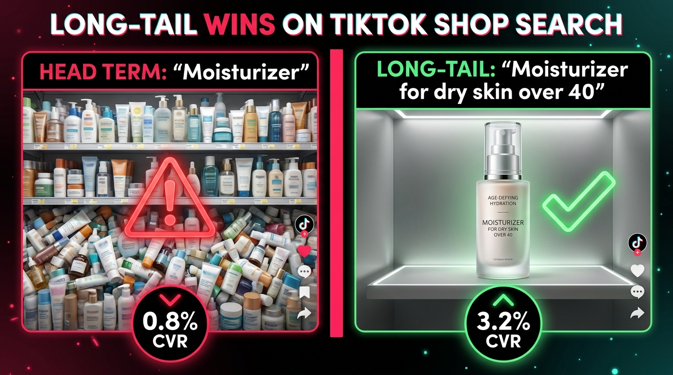 Split-screen showing head term vs long-tail keyword performance on TikTok Shop — long-tail wins on conversion