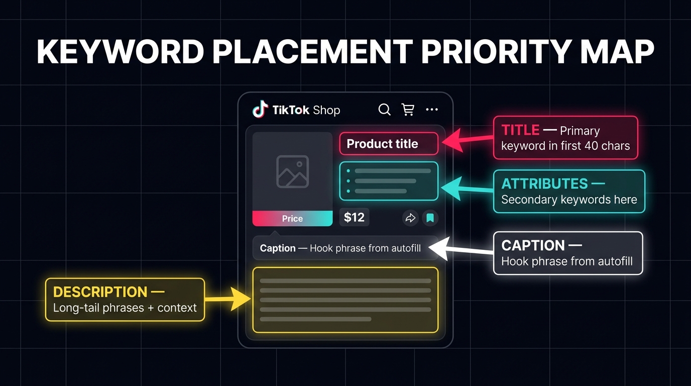 TikTok Shop listing anatomy keyword placement priority map — title, attributes, description, caption labeled