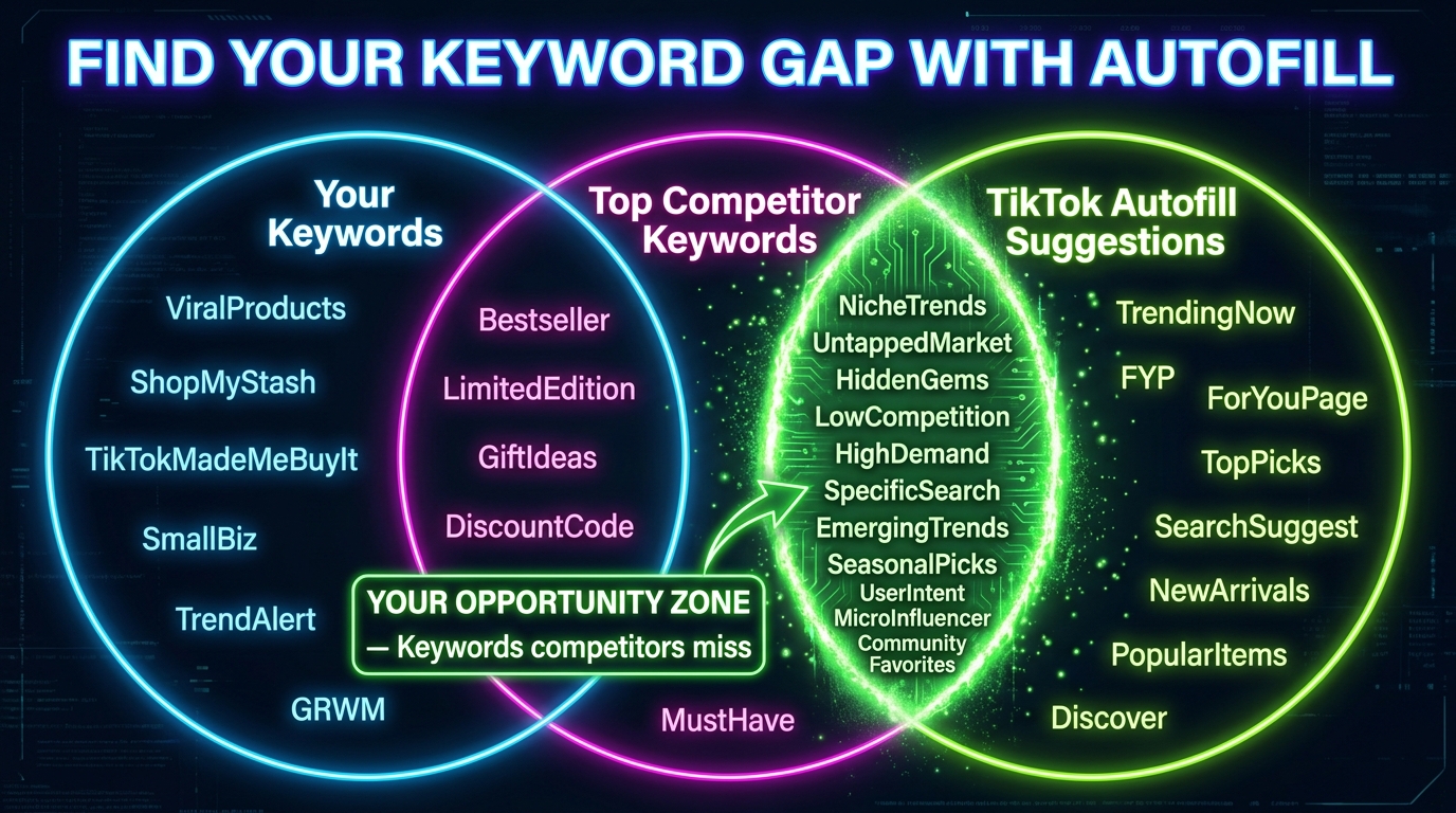 Venn diagram showing keyword gap opportunity zone between your keywords, competitor keywords, and TikTok autofill suggestions