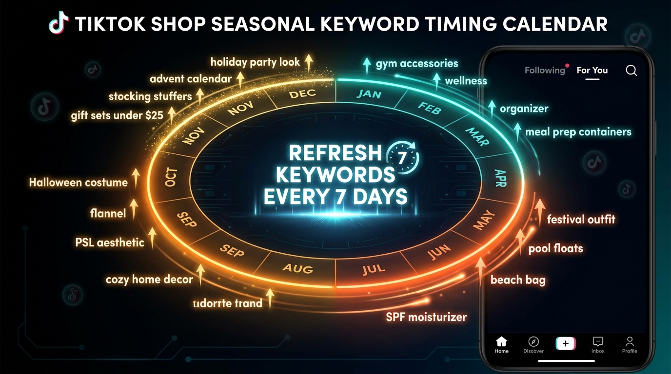 Seasonal keyword timing calendar showing when to refresh TikTok Shop keyword sets throughout the year