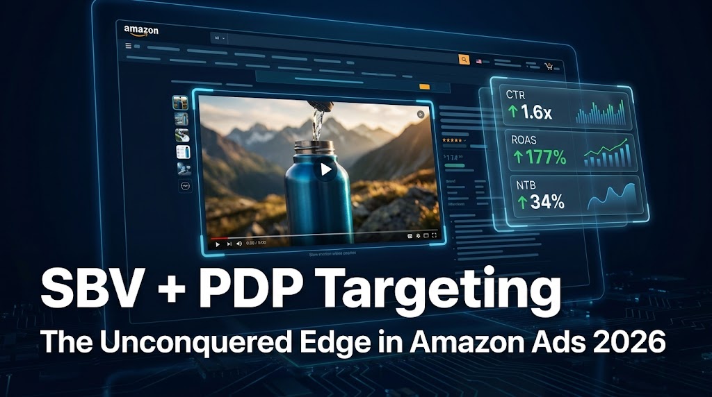 SBV PDP Targeting - The Unconquered Edge in Amazon Ads 2026 with performance metrics dashboard