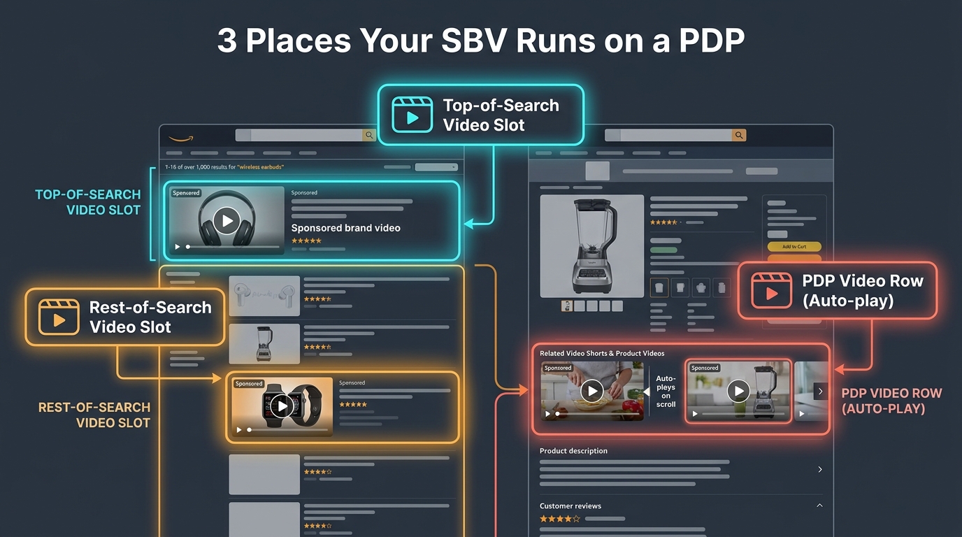 Three placement zones where Sponsored Brands Video appears on Amazon product detail pages — top-of-search, rest-of-search, and PDP video row