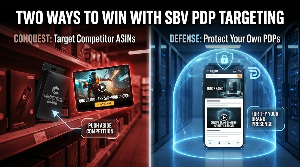 Conquest vs Defense strategy for SBV PDP targeting — split screen showing competitor ASIN conquest and own PDP defense