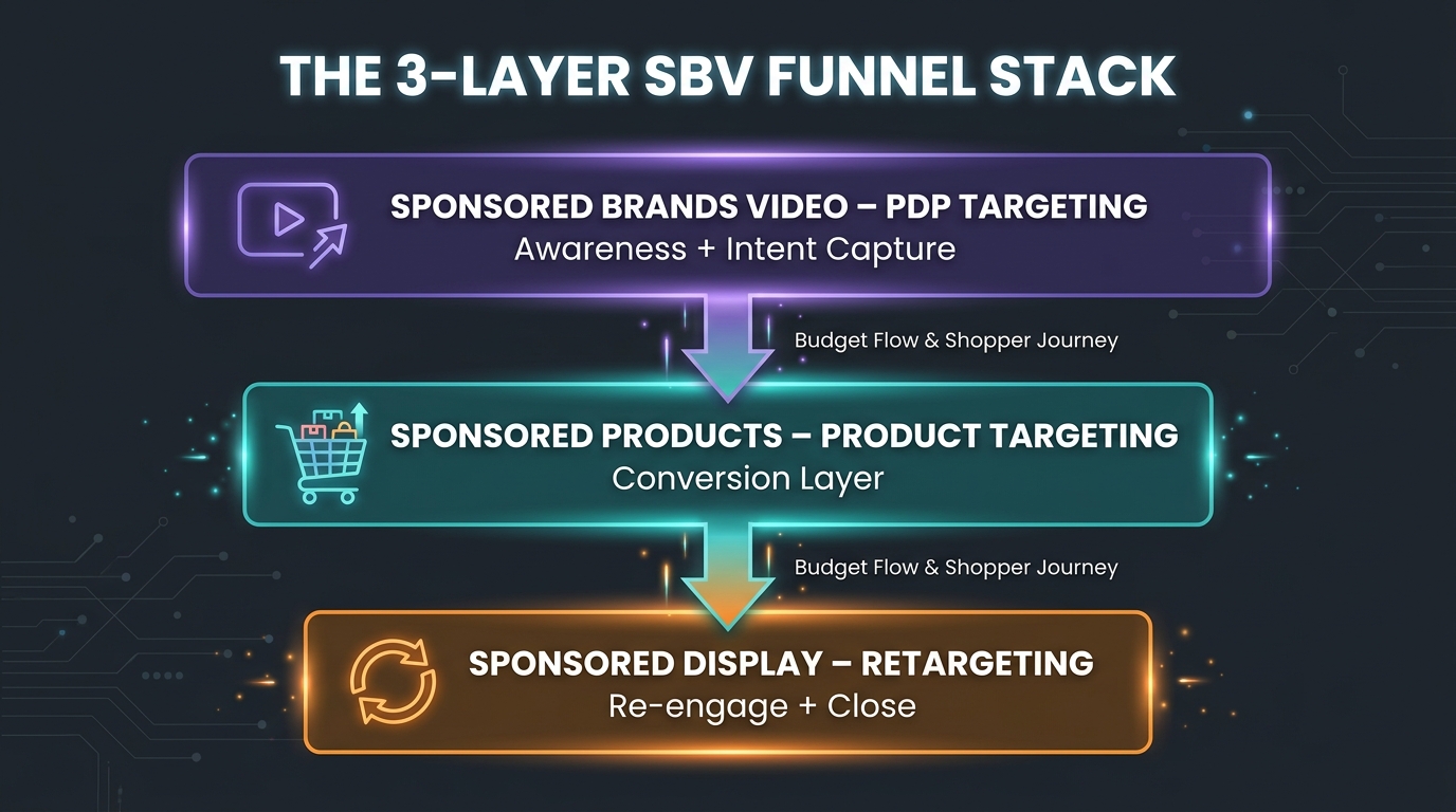 Three-layer Amazon advertising funnel showing SBV PDP targeting at top, Sponsored Products in middle, and Sponsored Display retargeting at bottom