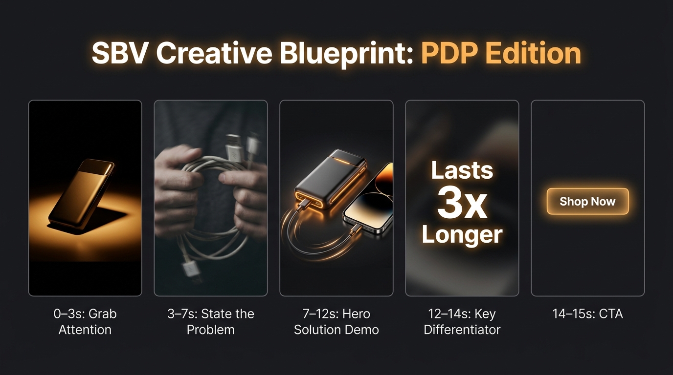 SBV creative blueprint storyboard showing 5-frame 15-second video structure for PDP targeting campaigns on Amazon