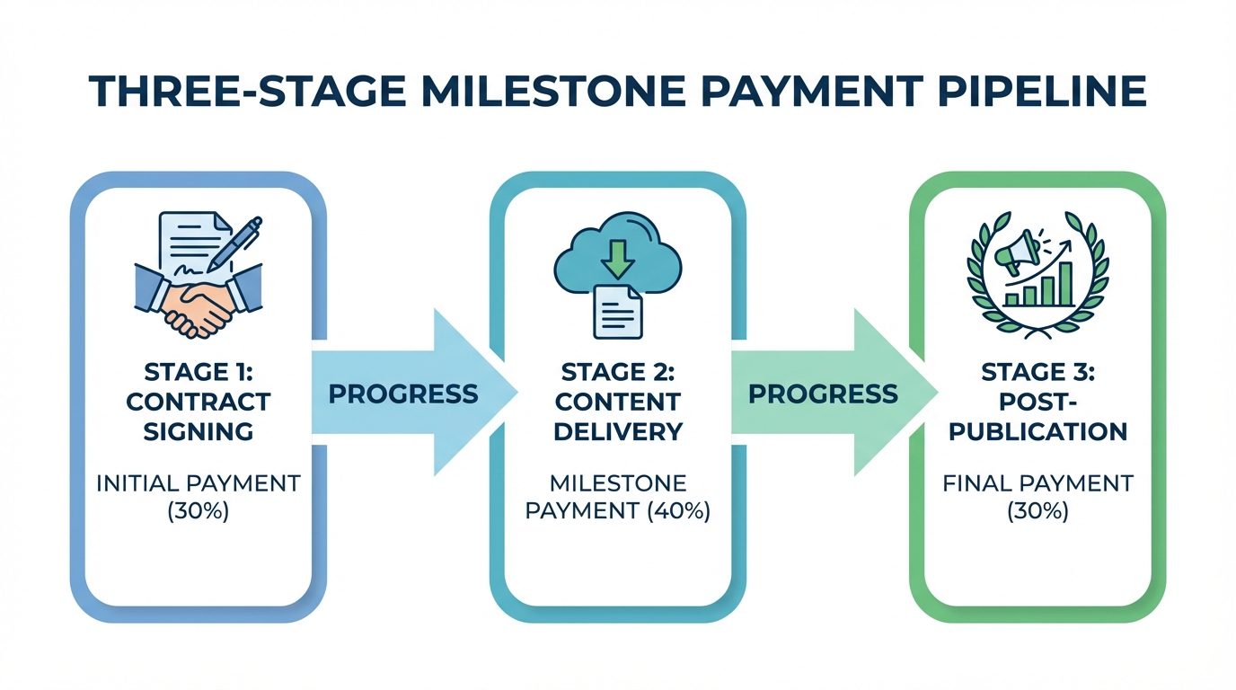 Three-stage milestone payment pipeline diagram showing contract signing, content delivery, and post-publication phases