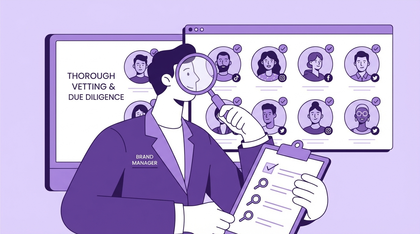 Brand manager reviewing an influencer vetting checklist with creator profiles on screen behind them