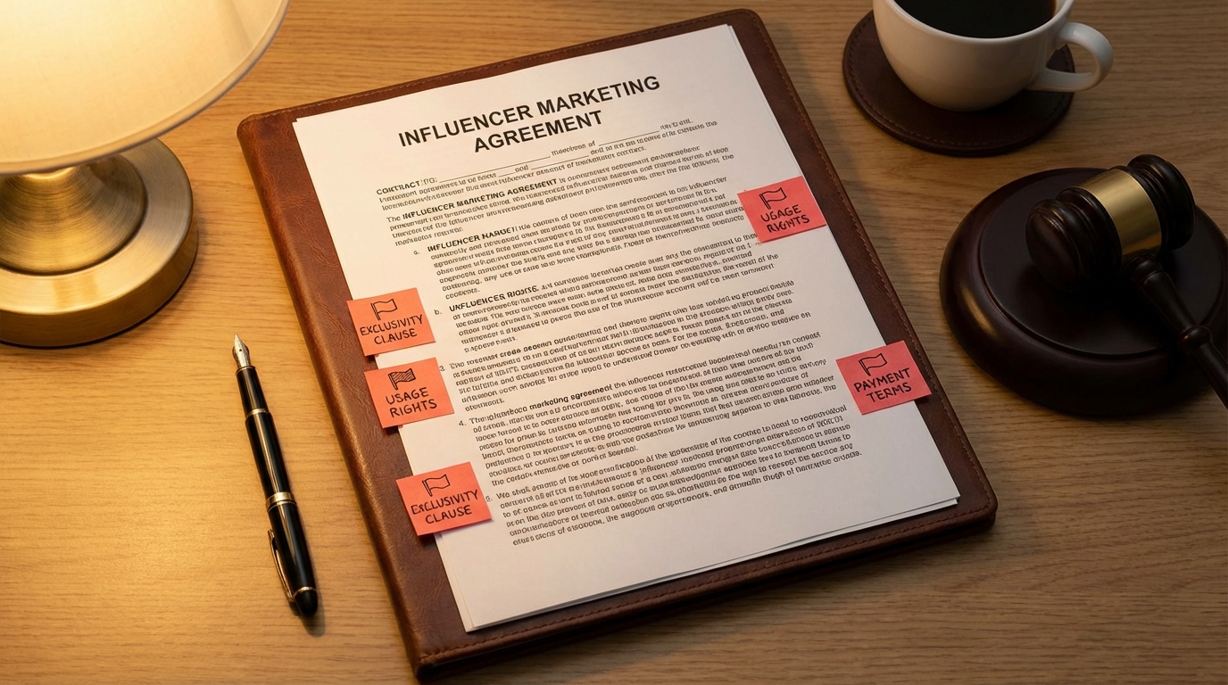 Influencer marketing contract document with red warning flags on sticky notes and a gavel, representing legally binding creator agreements