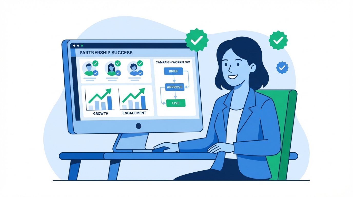 Small brand founder managing creator partnerships on a digital dashboard with green checkmarks and verified creator badges