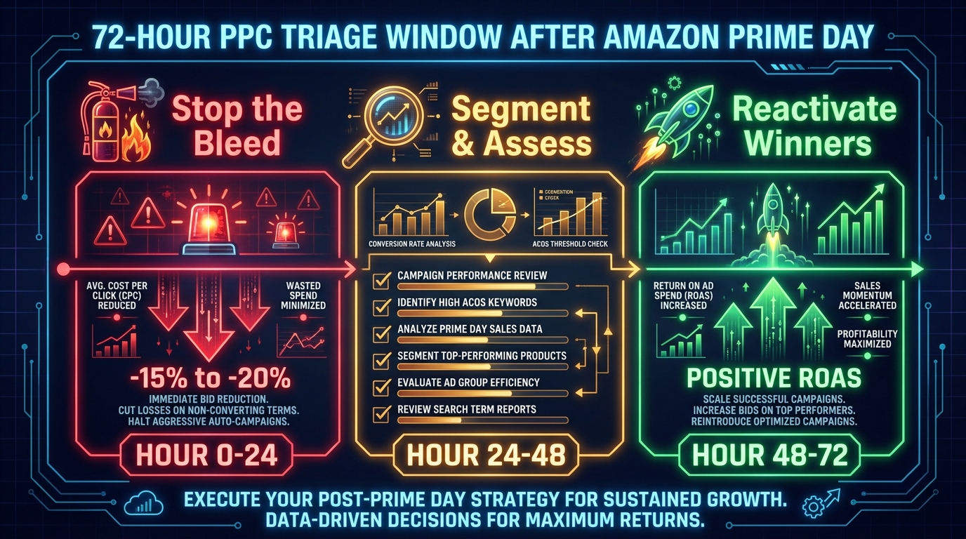 72-Hour PPC Triage Window infographic showing three phases: Stop the Bleed (0-24 hrs), Segment & Assess (24-48 hrs), and Reactivate Winners (48-72 hrs)