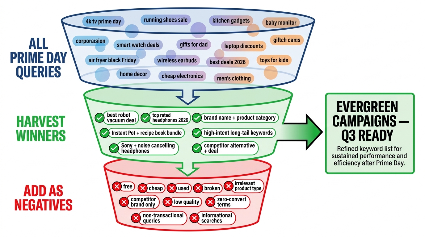 Keyword mining funnel infographic showing Prime Day search term report strategy: harvest winners at top, add negatives at bottom, build evergreen Q3 campaigns on the right