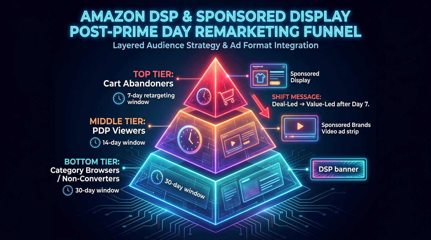 Post-Prime Day retargeting audience pyramid showing cart abandoners (7-day window), PDP viewers (14-day window), and category browsers (30-day window) with ad format recommendations