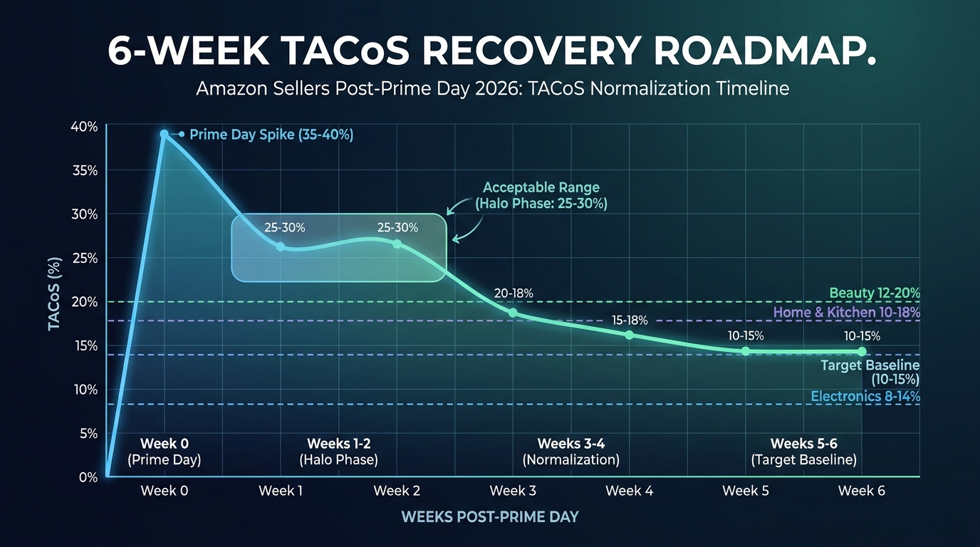 6-week TACoS recovery roadmap showing normalization from 35-40% during Prime Day down to category-normal 10-15% benchmarks for electronics, beauty, and home and kitchen