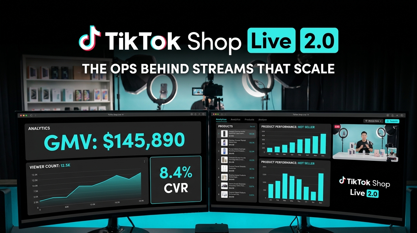 TikTok Shop Live 2.0 operations command center with real-time GMV dashboards and studio setup