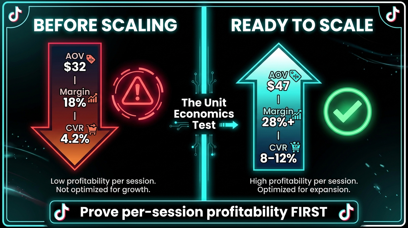 TikTok Shop Live unit economics framework comparing pre-scale metrics versus scale-ready benchmarks