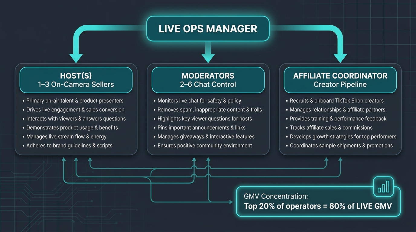 TikTok Shop Live team pod org chart showing ops manager, host, moderator, and affiliate coordinator roles