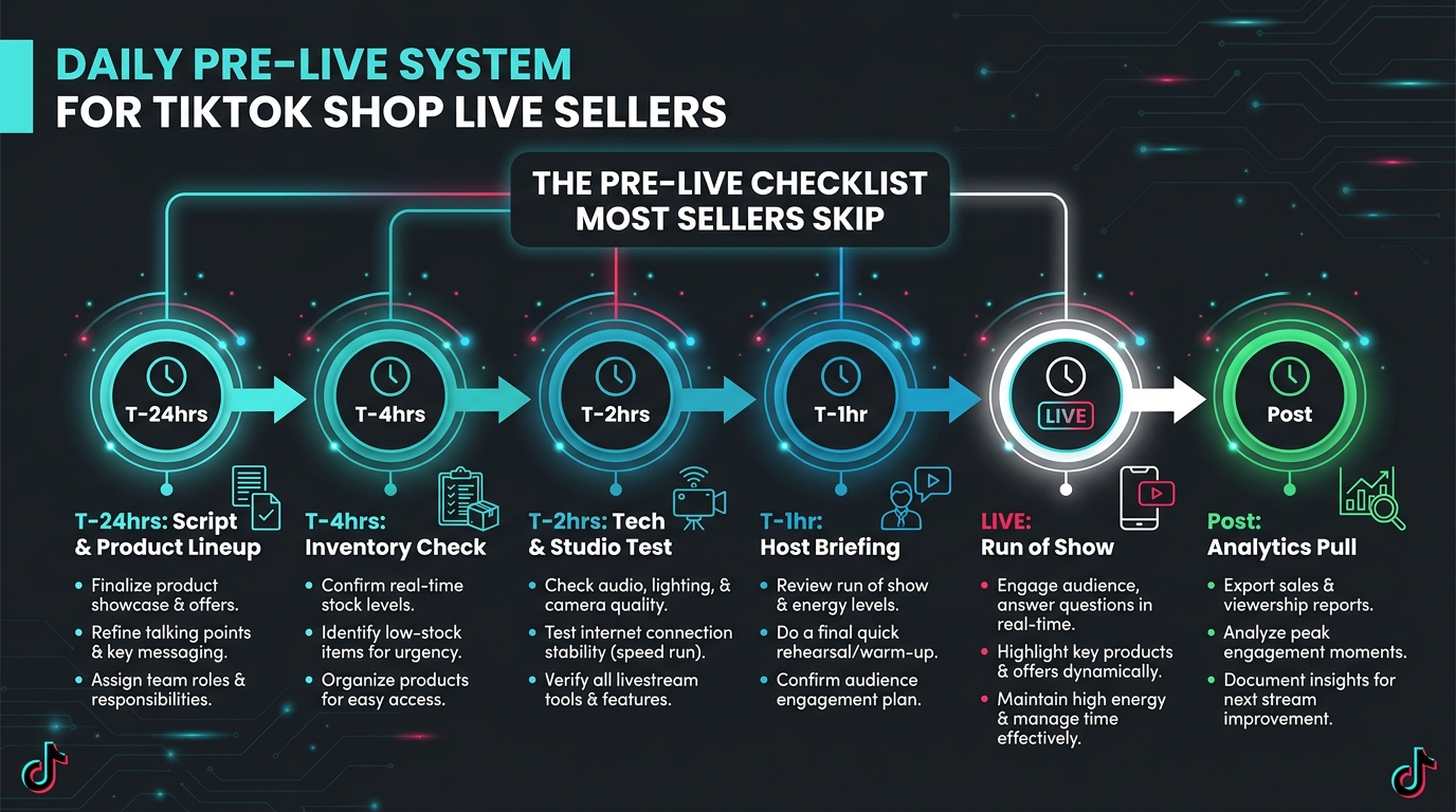 TikTok Shop Live daily pre-live system timeline from T-24 hours through post-stream analytics