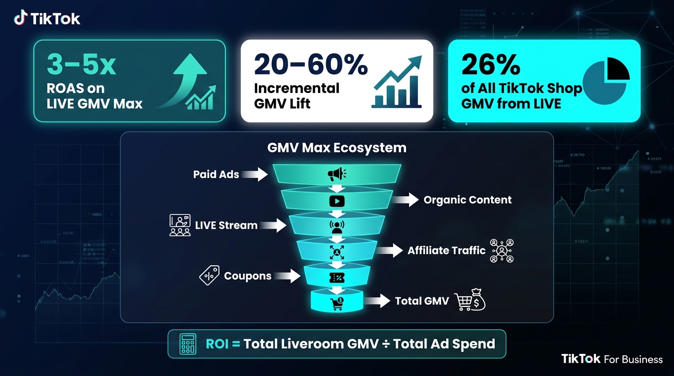 TikTok LIVE GMV Max performance metrics showing 3-5x ROAS and 20-60% incremental GMV lift from paid amplification