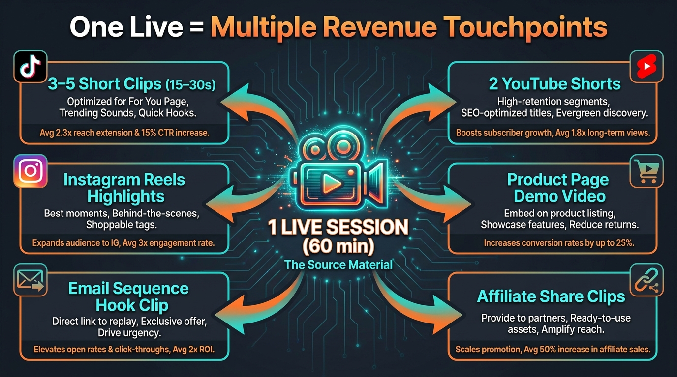TikTok Shop Live content repurposing flowchart showing one live session producing clips for TikTok, YouTube, Instagram, email, and product pages