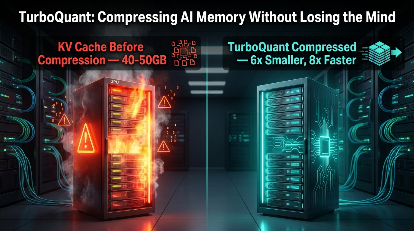 TurboQuant memory compression: before and after comparison showing 6x smaller KV cache and 8x faster inference on H100 GPUs
