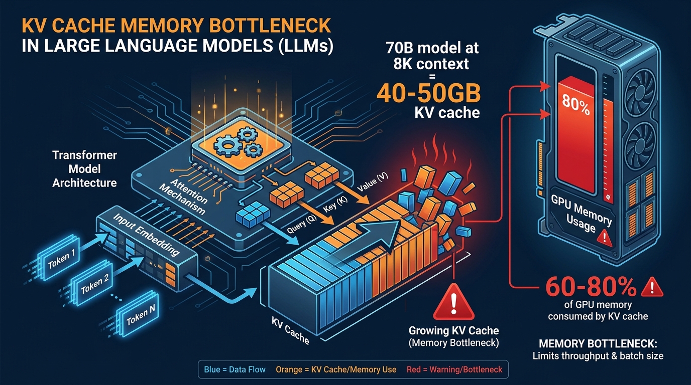 Transformer attention mechanism showing the KV cache growing out of control, consuming 60-80% of GPU memory in large language model inference