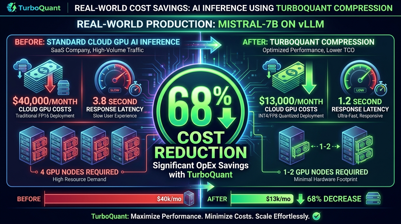 Real-world production cost savings with TurboQuant: SaaS company reduced AI inference costs 68% from $40,000 to $13,000 per month while cutting latency from 3.8s to 1.2s