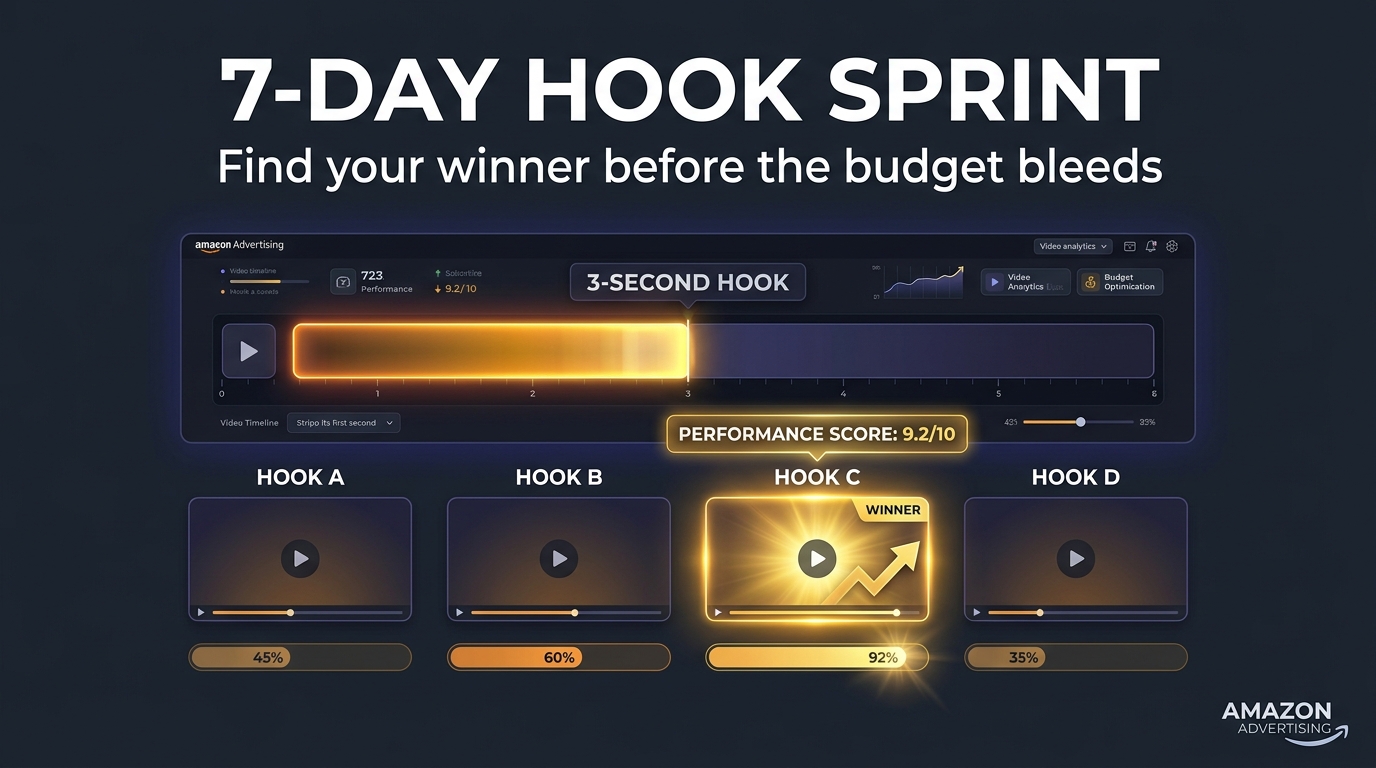 7-Day Hook-First SBV Creative Testing Sprint Dashboard showing video hook variants and performance scores