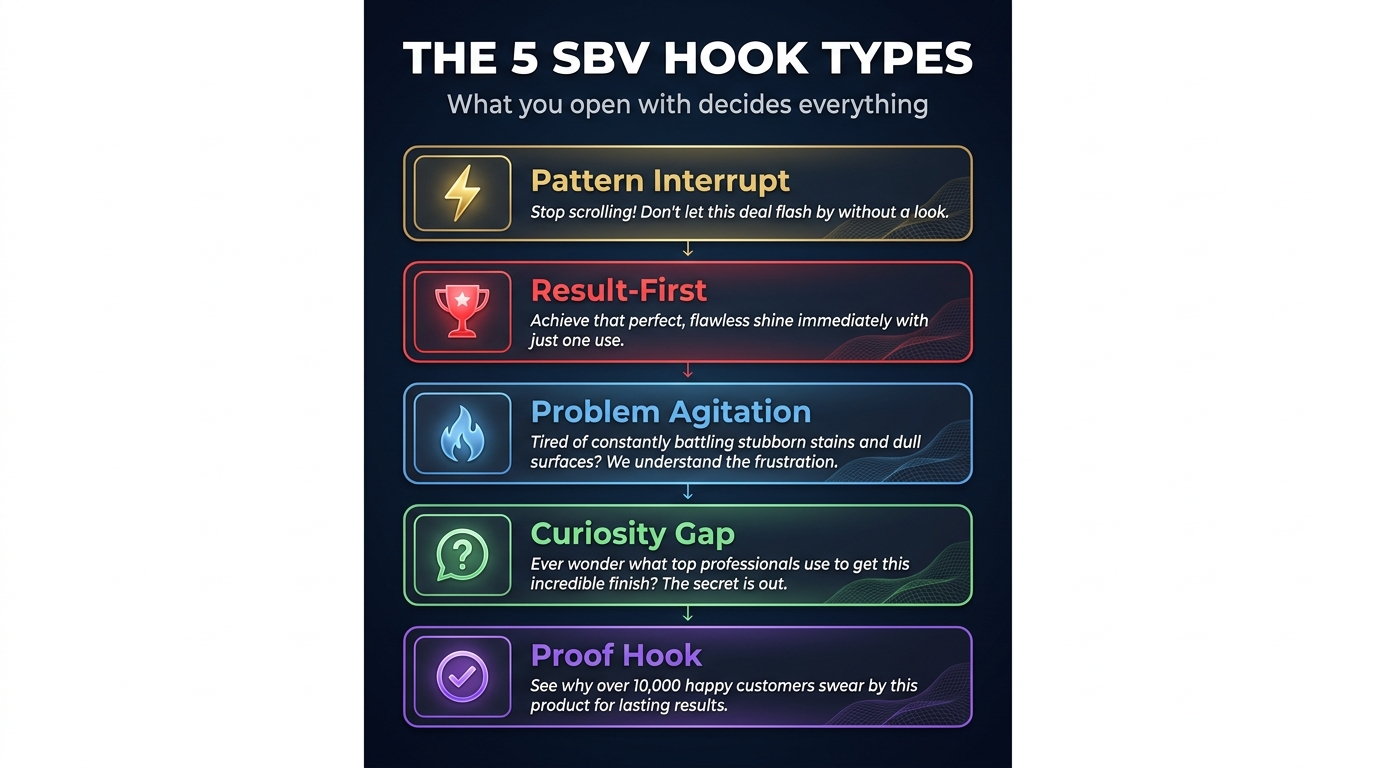 The 5 SBV Hook Types: Pattern Interrupt, Result-First, Problem Agitation, Curiosity Gap, and Proof Hook diagram