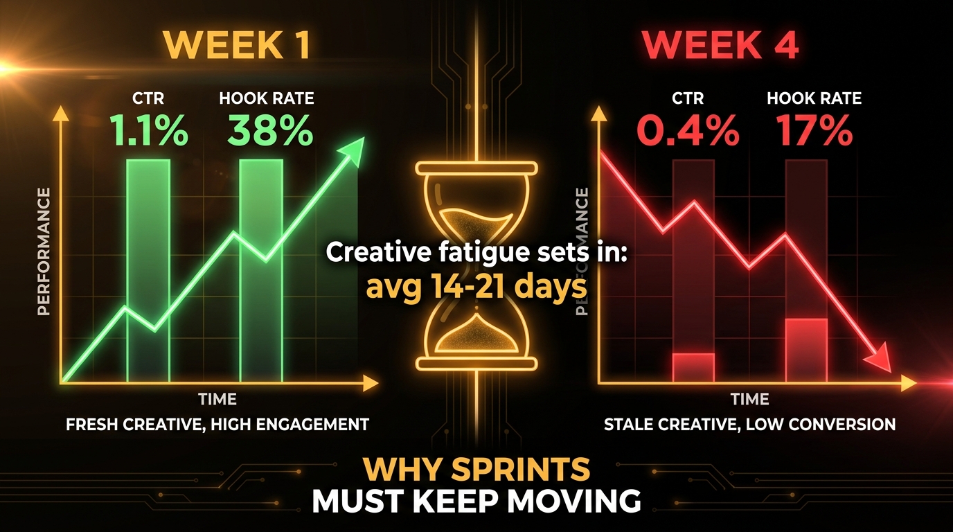 Creative fatigue comparison showing SBV ad performance declining from Week 1 to Week 4 with CTR dropping from 1.1% to 0.4%