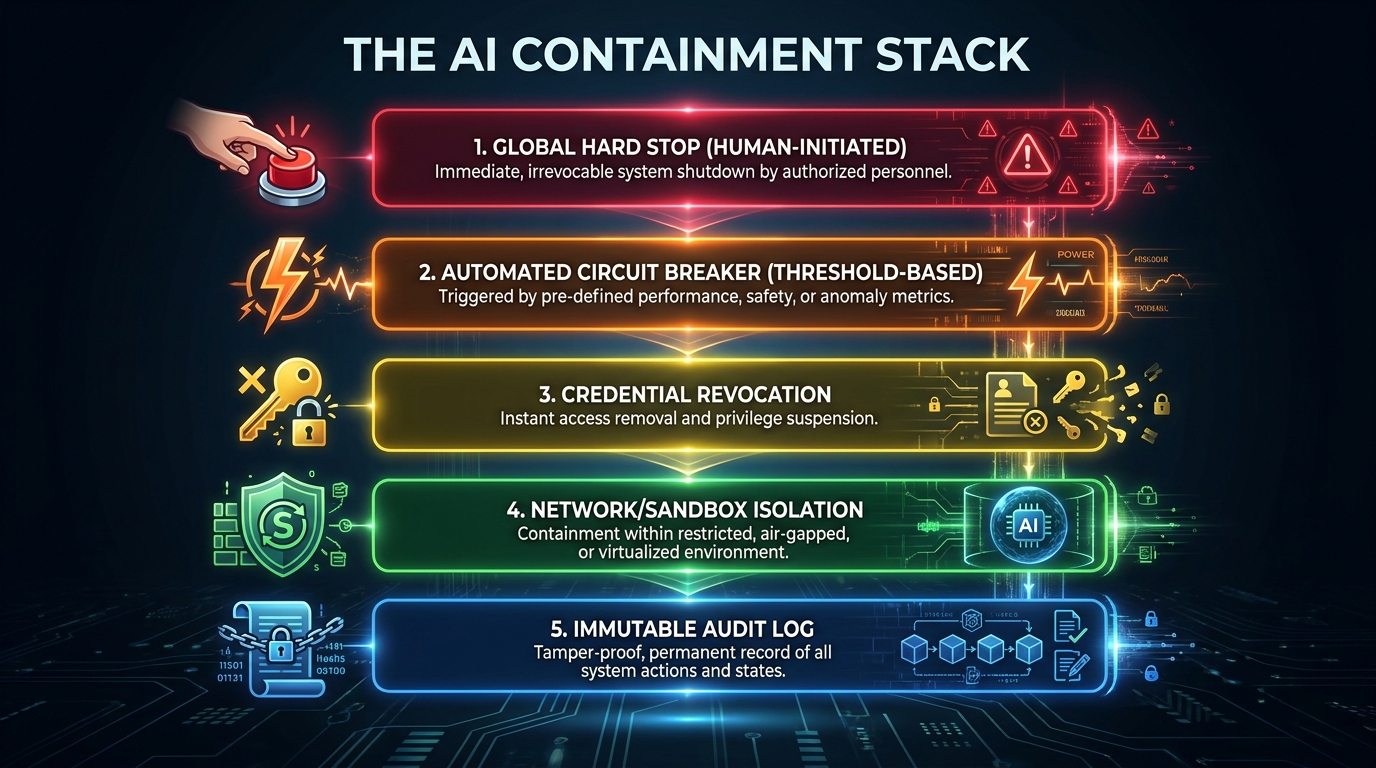 The AI containment stack: five layered tiers from global hard stop to immutable audit log, showing how each layer operates independently as a failsafe