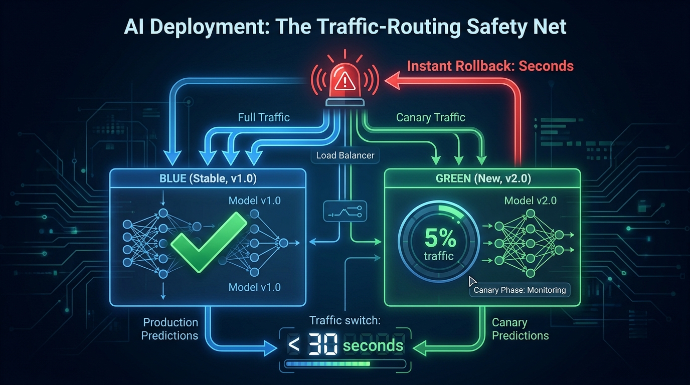 Blue-green AI deployment diagram showing stable v1.0 environment receiving full traffic while new v2.0 receives 5% canary traffic, with automatic rollback to blue in under 30 seconds if alarms trip
