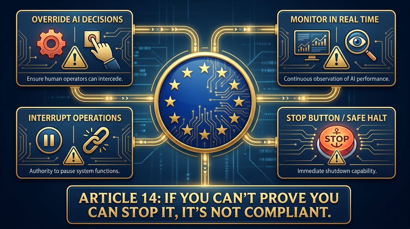 EU AI Act Article 14 compliance diagram showing four human oversight requirements: override decisions, monitor in real time, interrupt operations, and stop button or safe halt mechanism