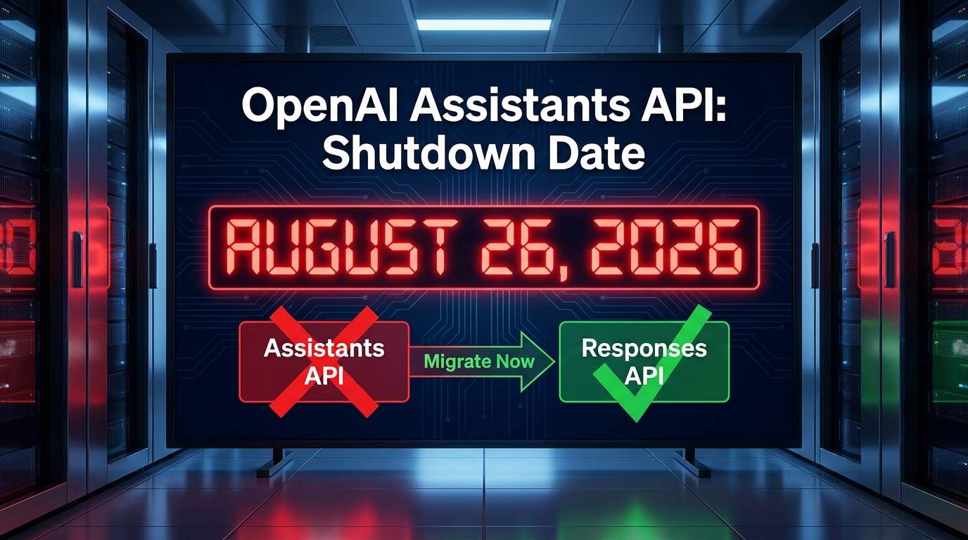OpenAI Assistants API shutdown countdown clock showing August 26 2026 deadline with migration path diagram from Assistants API to Responses API