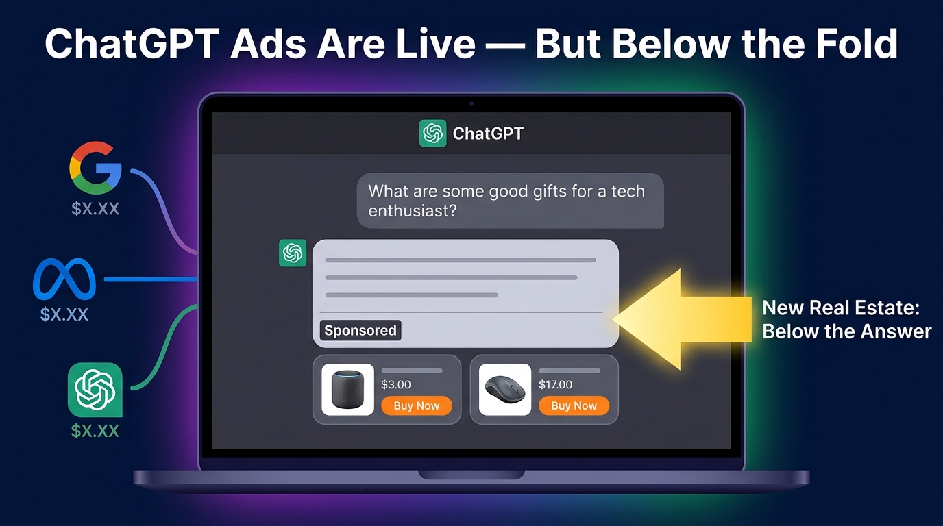 ChatGPT sponsored product placements shown below organic AI answer in a chat interface labeled as Sponsored — new advertising real estate below the fold in ChatGPT