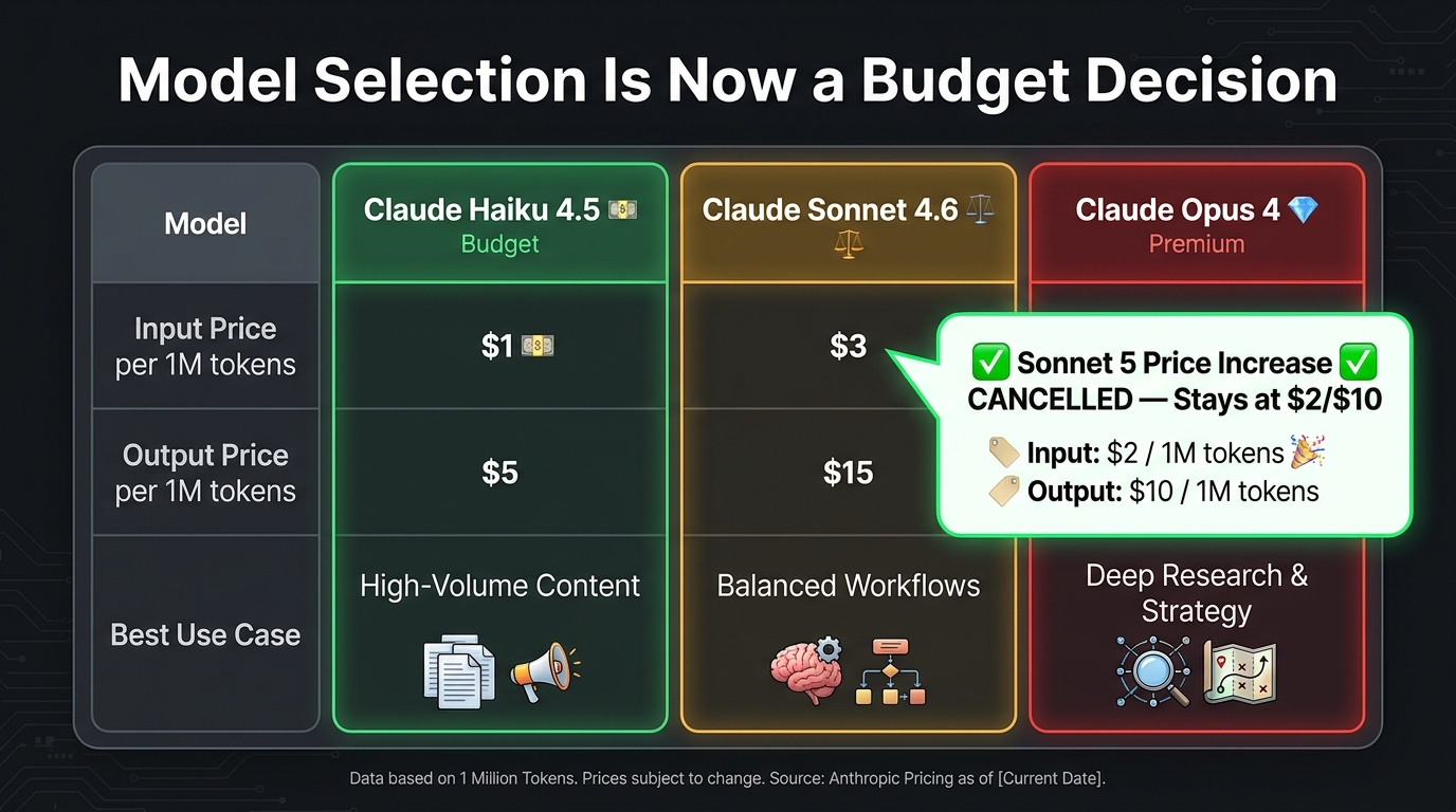 Claude model pricing comparison showing Haiku 4.5 at $1 per million tokens, Sonnet 4.6 at $3, and Opus 4 at $5 input with corresponding output rates and use case recommendations, plus cancelled Sonnet 5 price increase callout