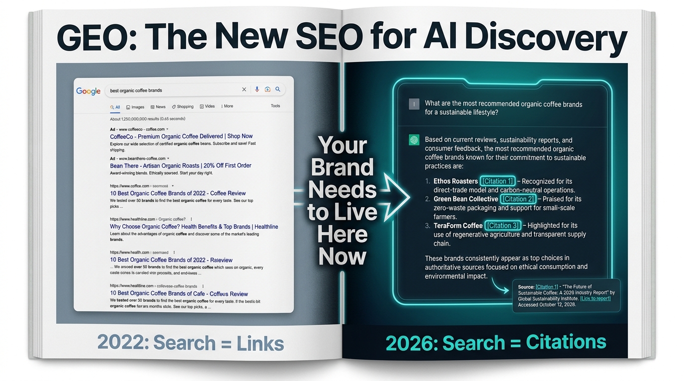 Split-screen comparison of traditional Google search results labeled 2022 Search equals Links versus AI chat interface with cited answer labeled 2026 Search equals Citations showing GEO strategy for brand visibility