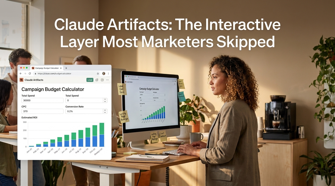 Claude Artifacts panel showing an interactive ROI calculator with live-updating bar chart alongside a marketing professional reviewing campaign budget tools at a standing desk