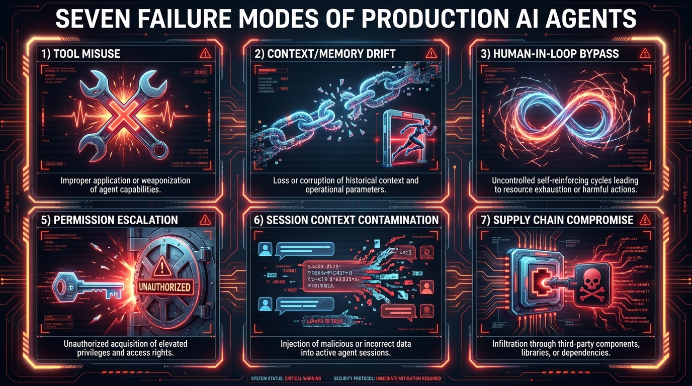 Seven production failure modes for enterprise AI agents — from tool misuse to supply chain compromise