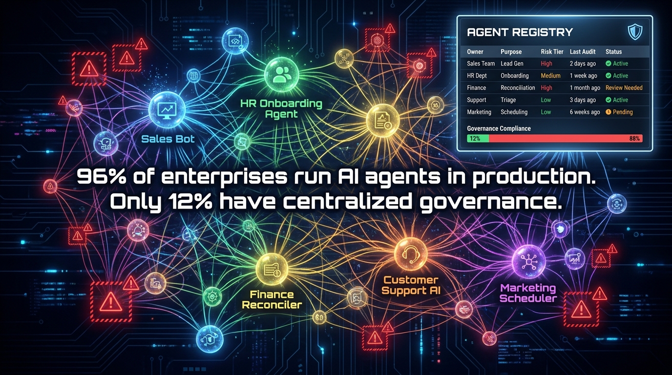 Agent sprawl in enterprise AI — 96% of enterprises run AI agents in production but only 12% have centralized governance