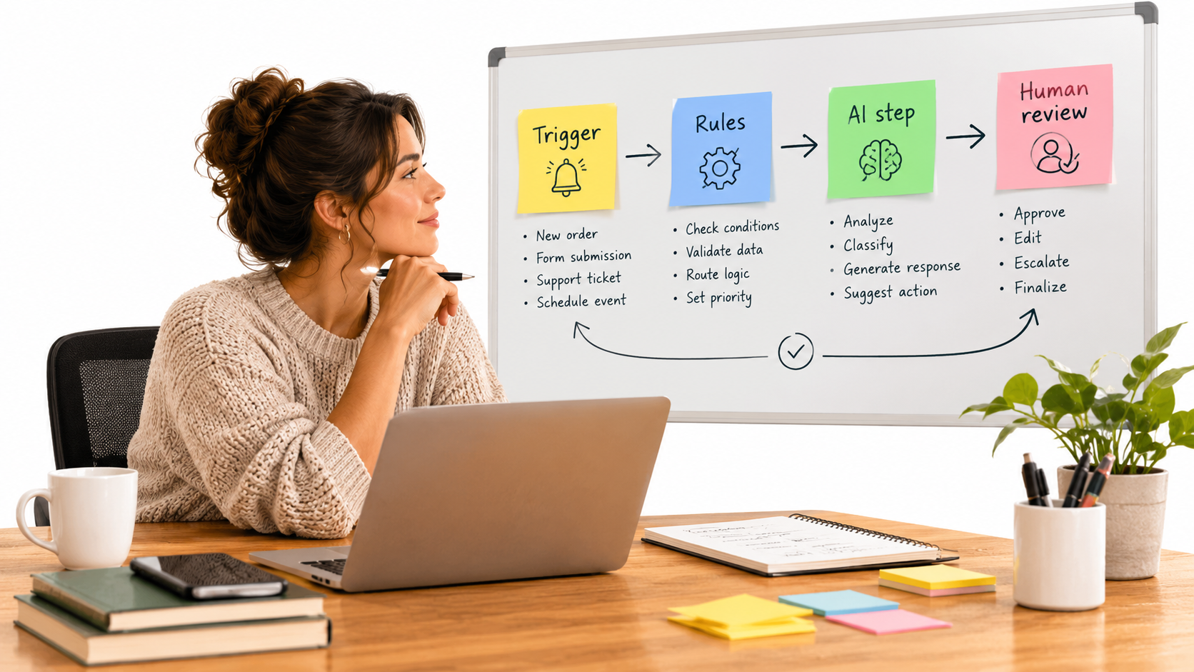 Workflow map on a whiteboard with trigger, rules, AI step and human review