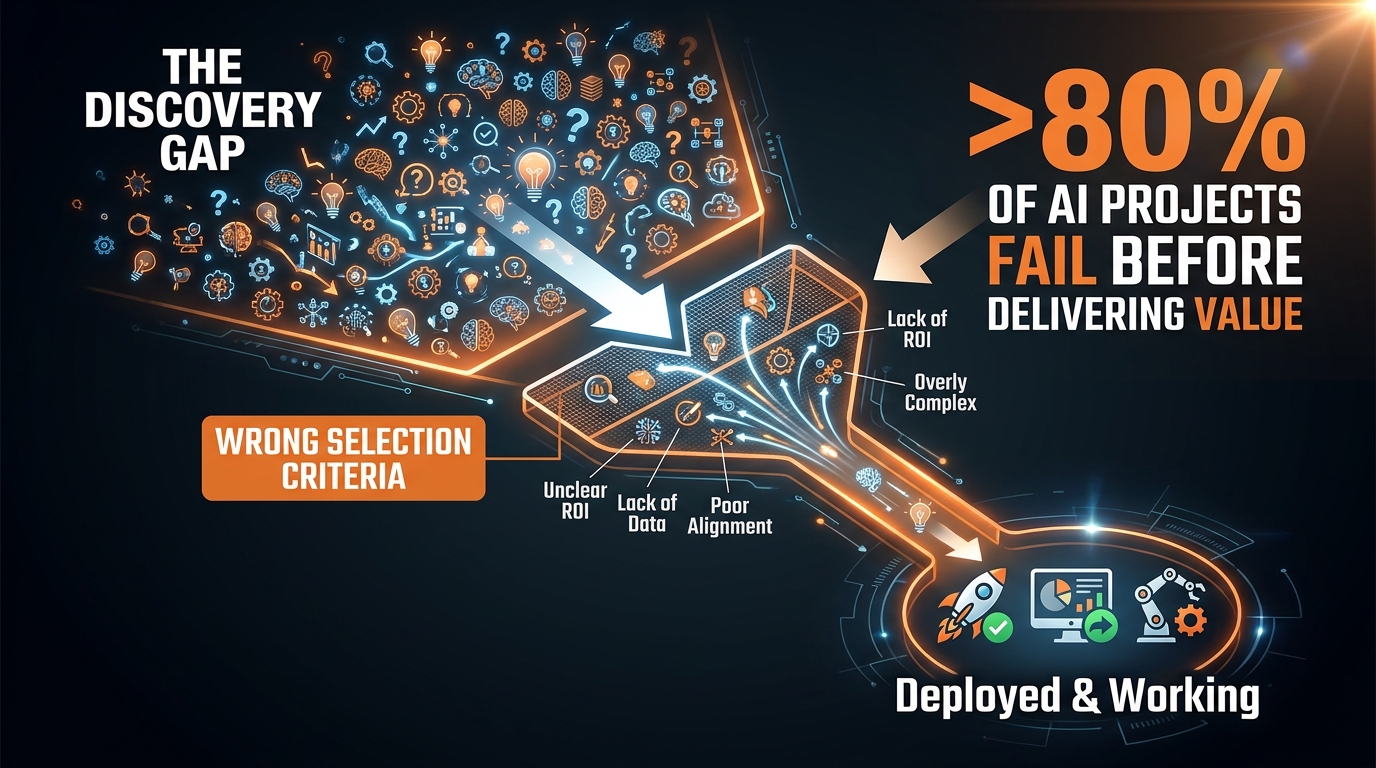 Funnel diagram showing the discovery gap — hundreds of brainstormed AI ideas filtered through wrong selection criteria, leaving only a few deployed and working projects