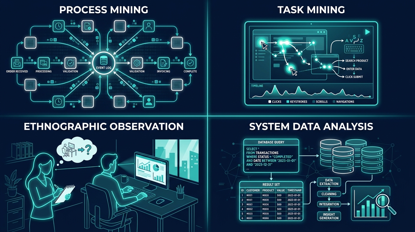 Four-panel grid showing the four AI workflow discovery sources: Process Mining, Task Mining, Ethnographic Observation, and System Data Analysis