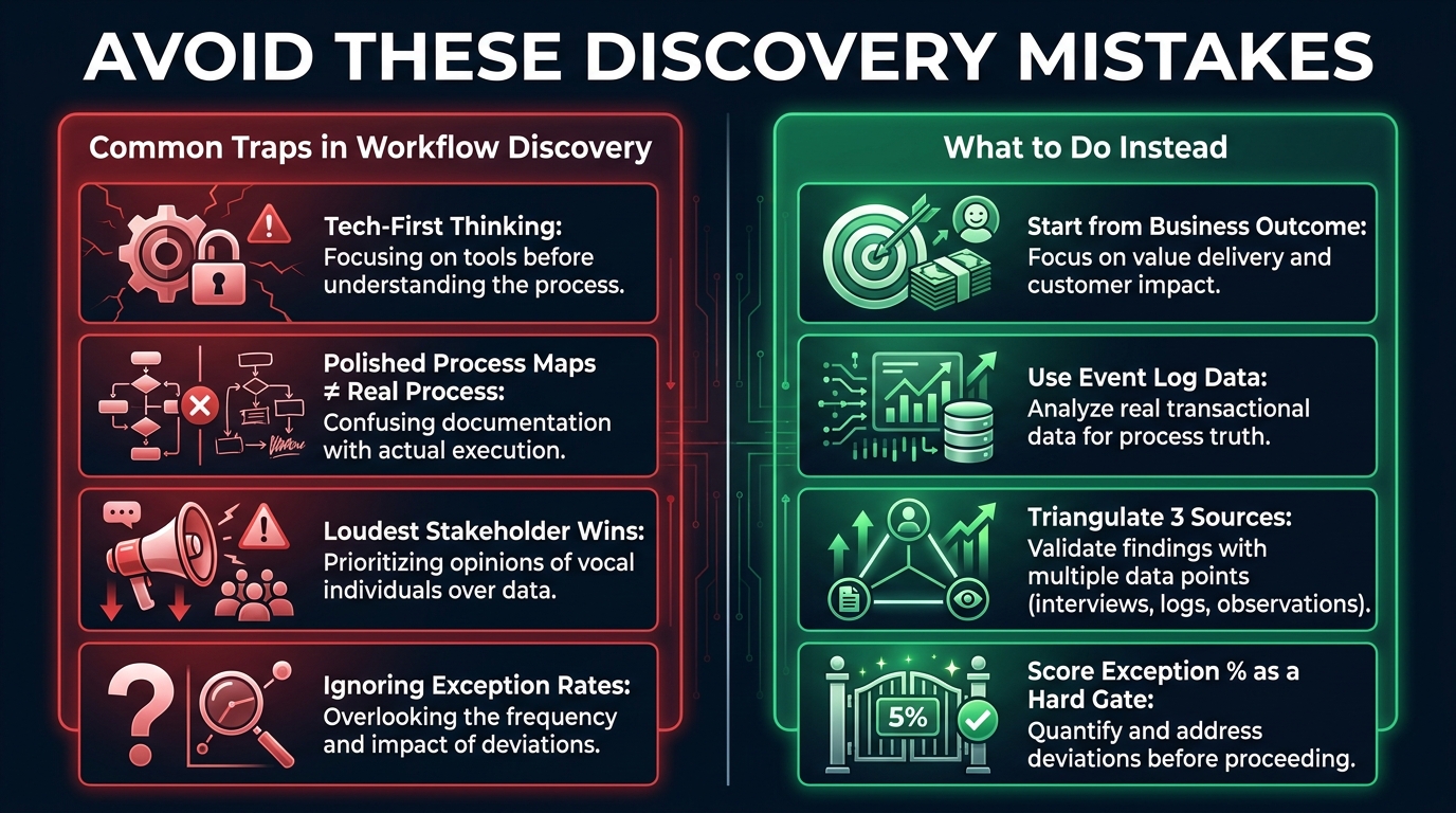 Split-screen infographic comparing common workflow discovery traps on the left versus what to do instead on the right