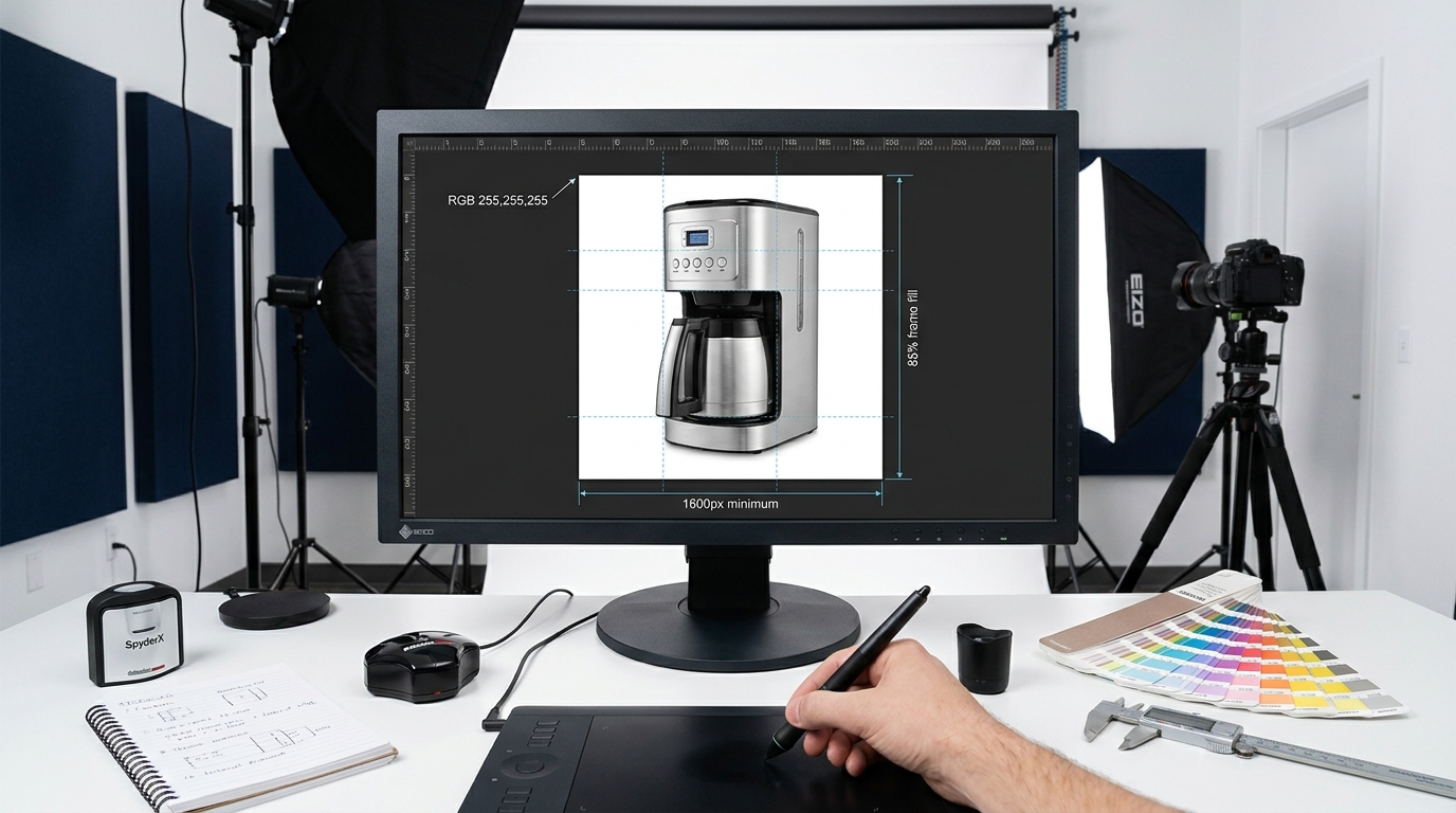 Amazon product listing designer workspace with compliance annotations showing RGB values, frame fill guides, and pixel specifications on monitor