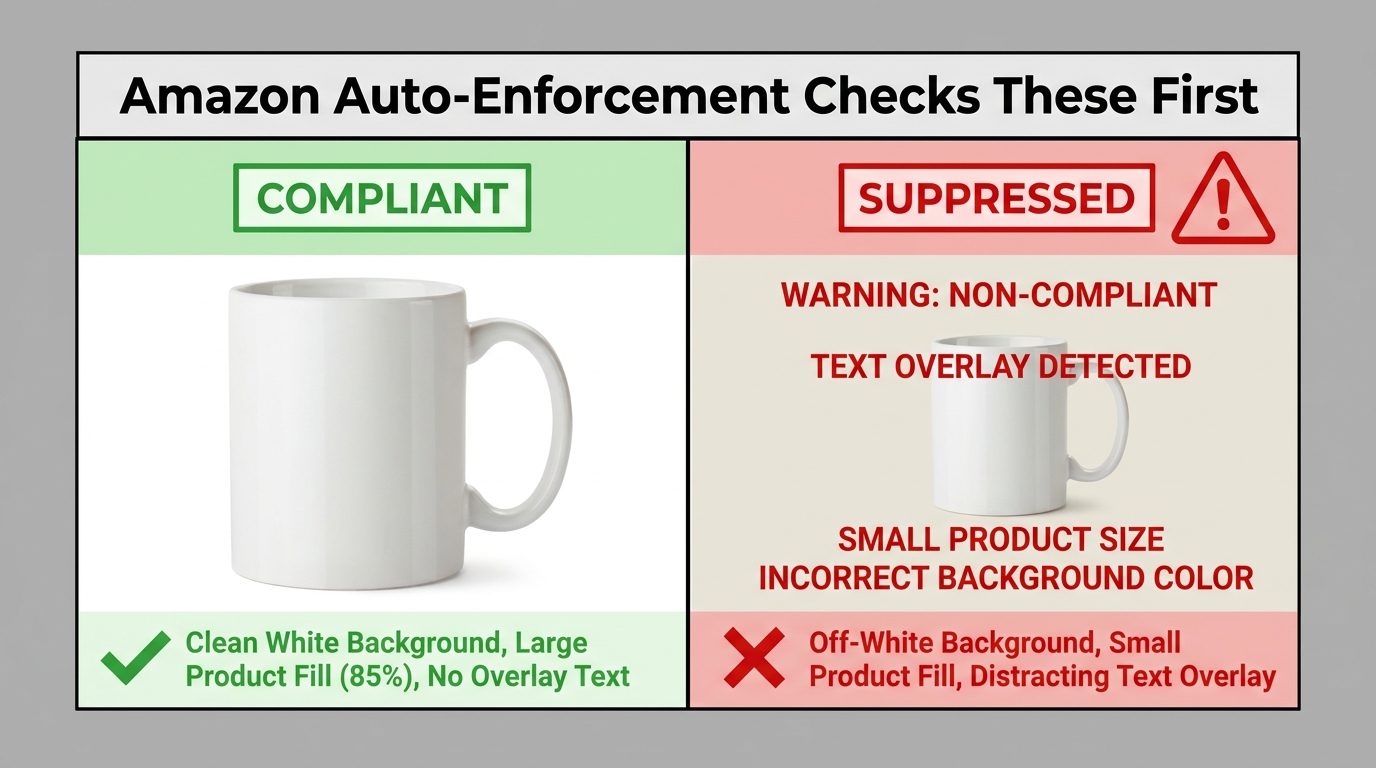 Side-by-side Amazon image compliance comparison showing compliant white background product versus suppressed listing with off-white background and text overlay