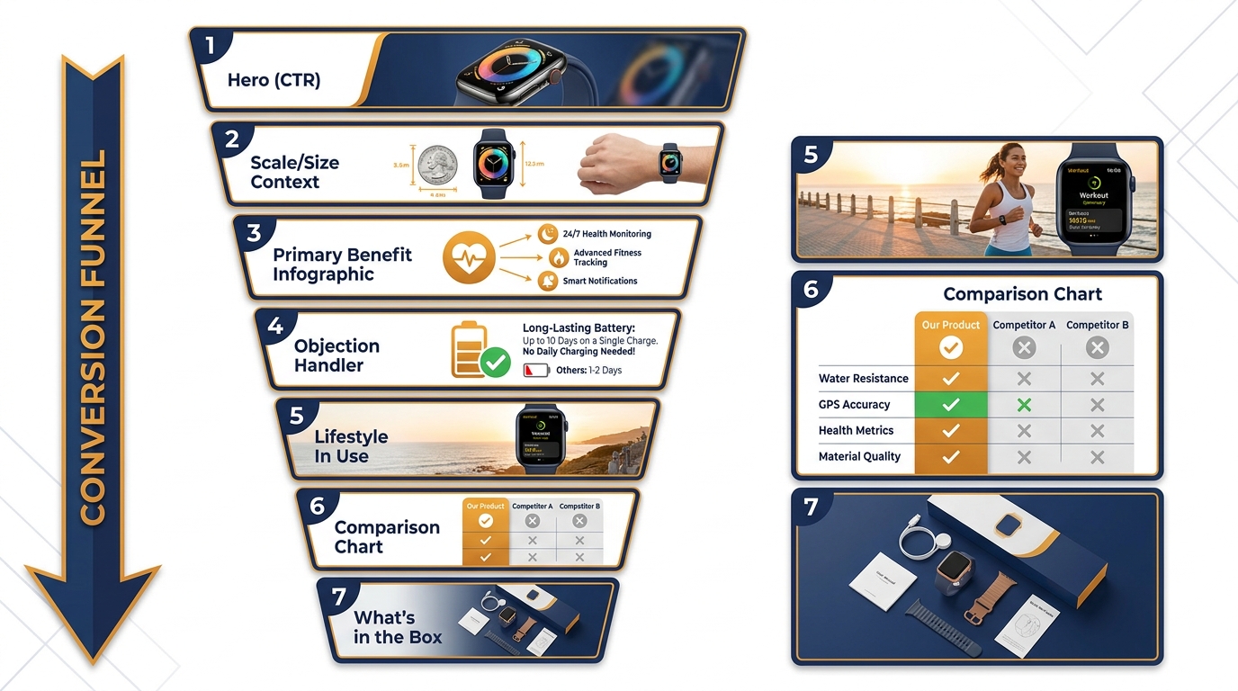 Amazon 7-slot image gallery sequencing diagram showing conversion funnel structure from hero image through lifestyle, benefit, objection handling, comparison, and packaging images