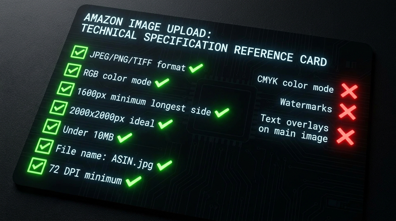 Technical specification reference card showing Amazon image file requirements including format types, pixel dimensions, color mode, and file naming conventions