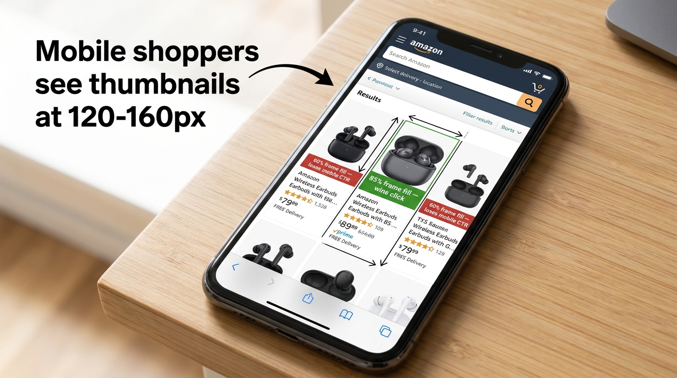 Mobile phone showing Amazon product search results with annotated frame fill comparison between 85% fill compliant product and 60% fill non-compliant product at thumbnail size