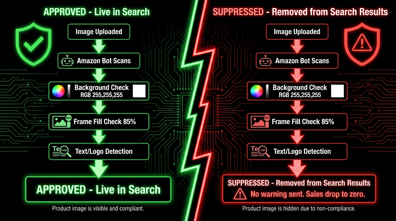 Flowchart showing Amazon's automated image enforcement process from upload through scanning checks to either approved listing or search suppression with no warning notification