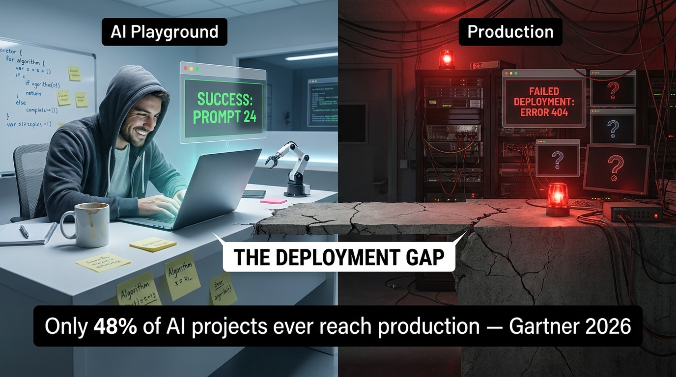 The AI Deployment Gap — split scene showing playground success vs production failure